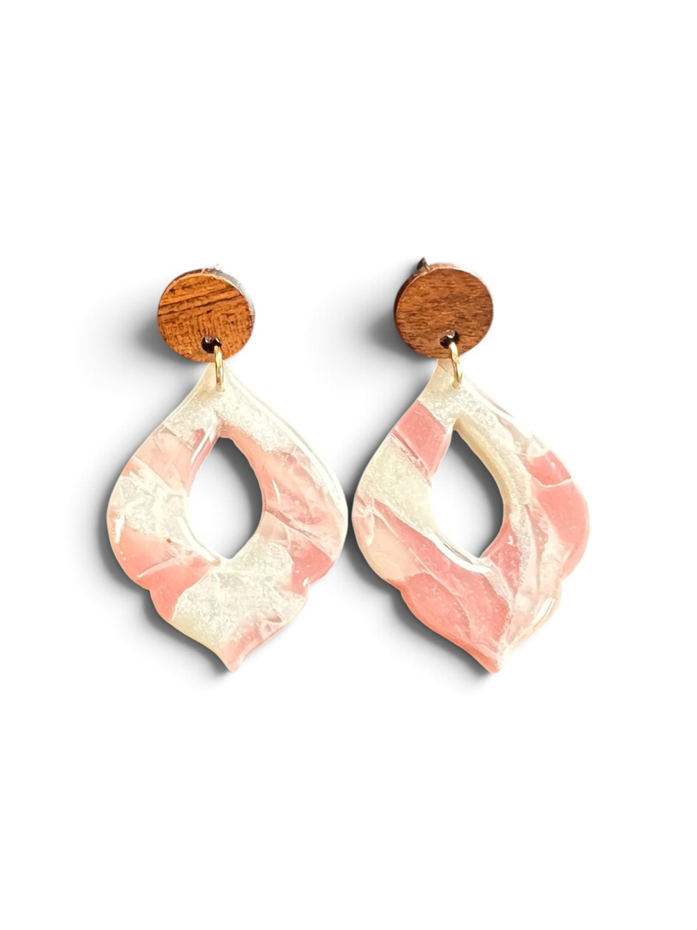 Clay Pink Marble Drop Earrings with Wood Stud Polymer